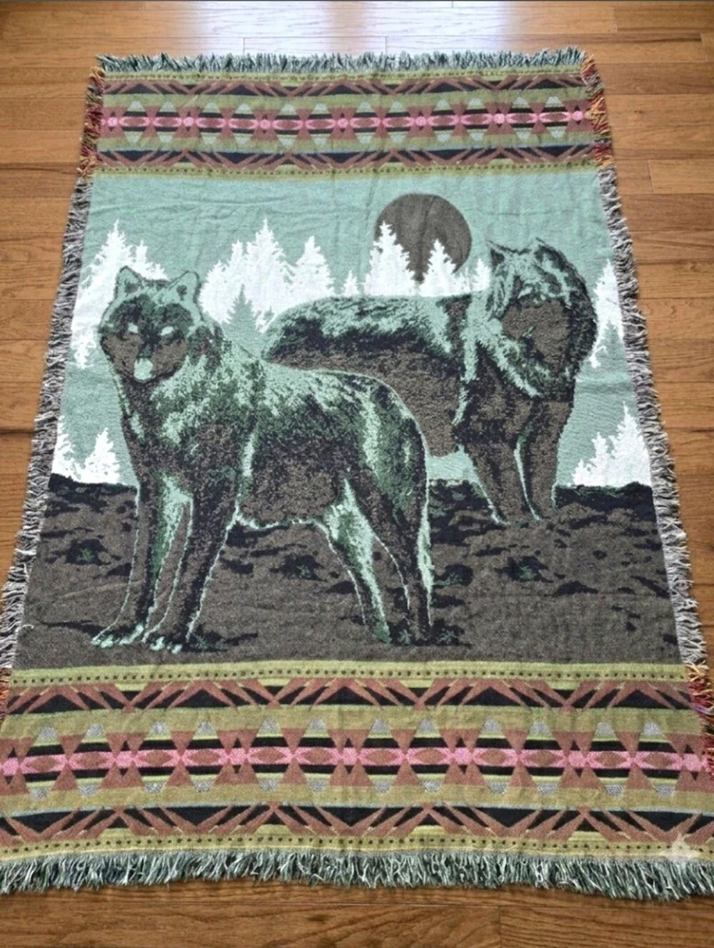 Vintage 90s Throw Blanket Wolves Moon Trim Fringe Geometric Border Lodge Cabin